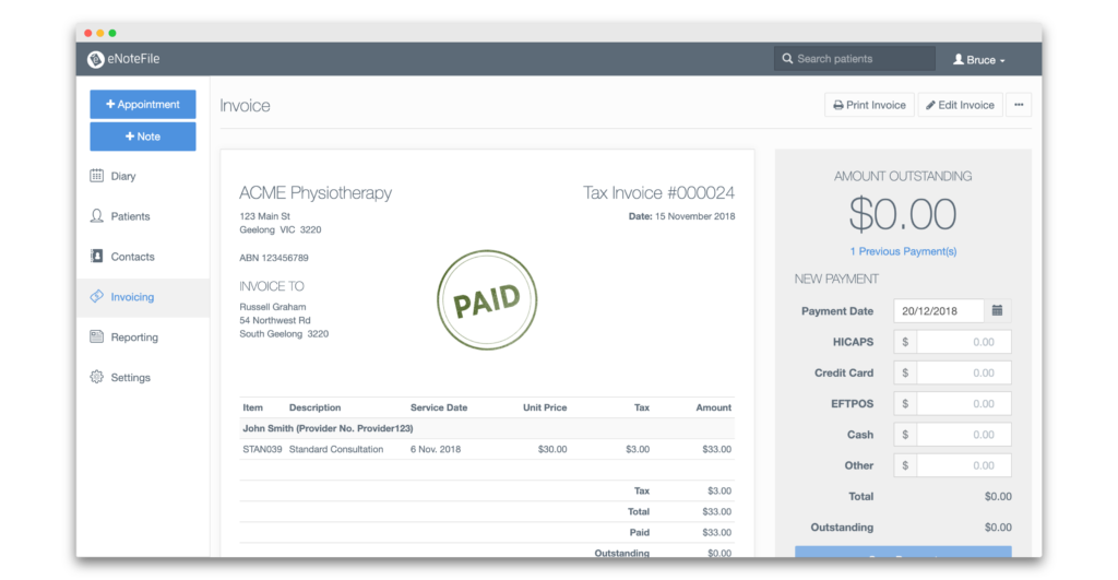 Screenshot of a paid invoice in practice manager